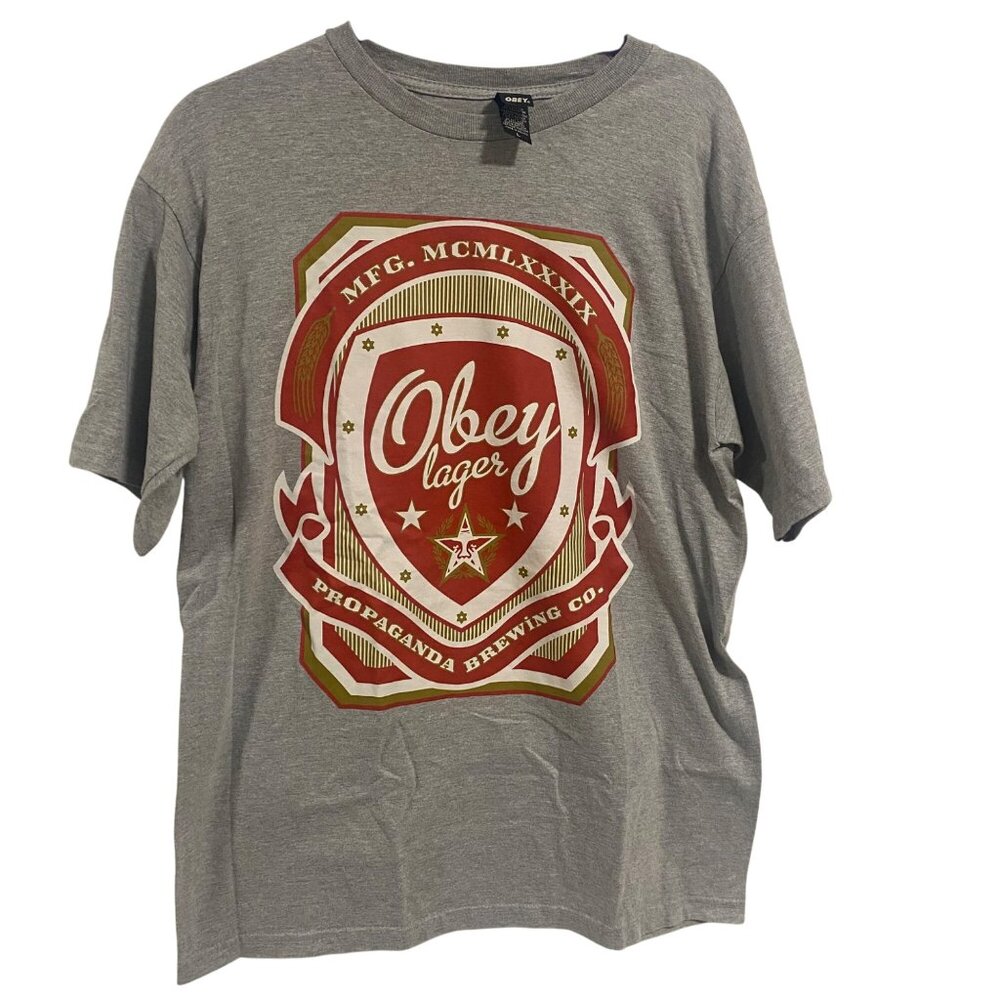 Obey Propaganda‎ Brewing Co. Lager Gray Red T-Shirt Men's Size L